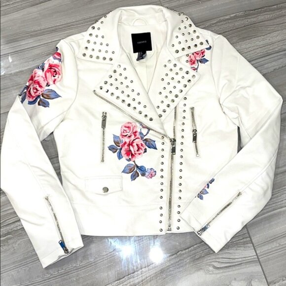 FOREVER 21 - White Faux Leather Studded Jacket With Flowers - NWOT - Picture 1 of 4
